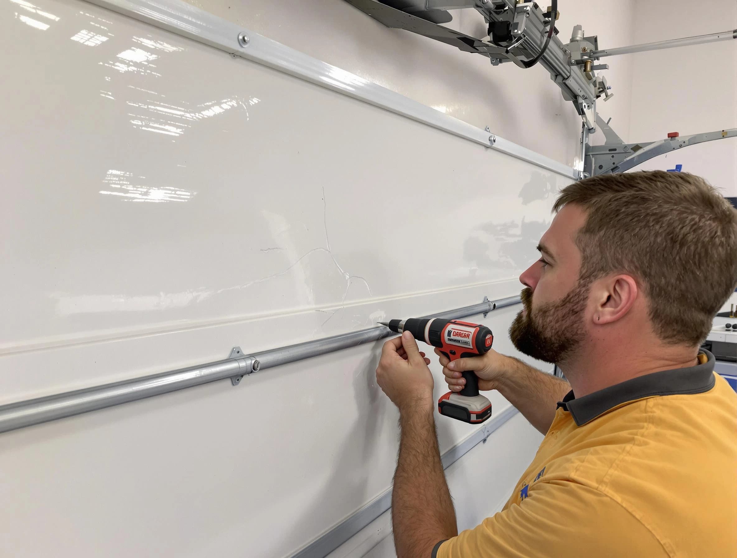 Bound Brook Garage Door Repair expert performing dent repair on garage door in Bound Brook